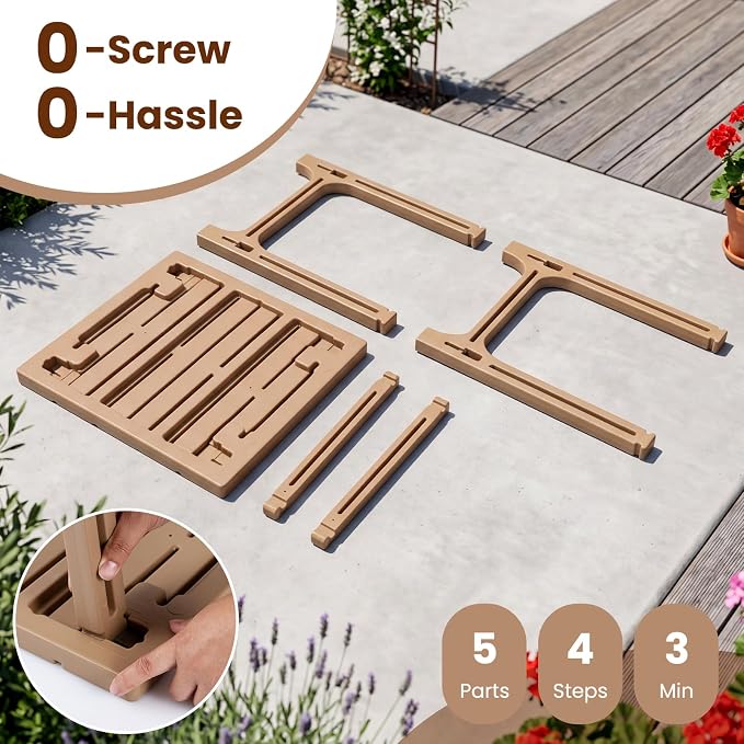 Tangkula Outdoor Adirondack Side Table, 18" Heavy Duty HDPE Patio End Table with Slatted Surface, 0-Screw Assembly, Easy Maintenance, Small Outdoor Side Table for Porch, Pool, Garden, Deck (1, Brown)