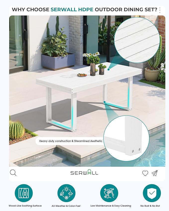 SERWALL HDPE Outdoor Dining Set for 4, 67'' Patio Table and Chairs Set | with Armless Seat