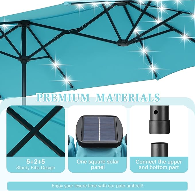 13 ft Patio Umbrella with 36 LED Lights, Large Rectangle Outdoor Solar Umbrella with Strap, Crank, Blue