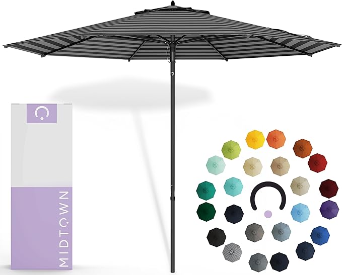 Midtown Umbrellas Push & Pop 8 Ft Patio Umbrellas with Push & Pop Mechanism, Fiberglass Ribs & Sunbrella Fabric – Outdoor Umbrella for Deck, Pool, Cafés and Hotels – Black & White Canopy, Black Pole