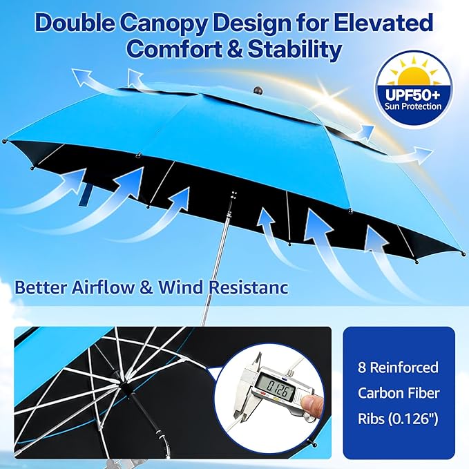 2 Pack 42 Inch Double Canopy Beach Chair Umbrella with Clamp, UPF50+ Clip on Beach Umbrella with 360° Swiwel Arm & Adjustable Clip, Portable Sun Shade for Wheelchair, Stroller, Camping