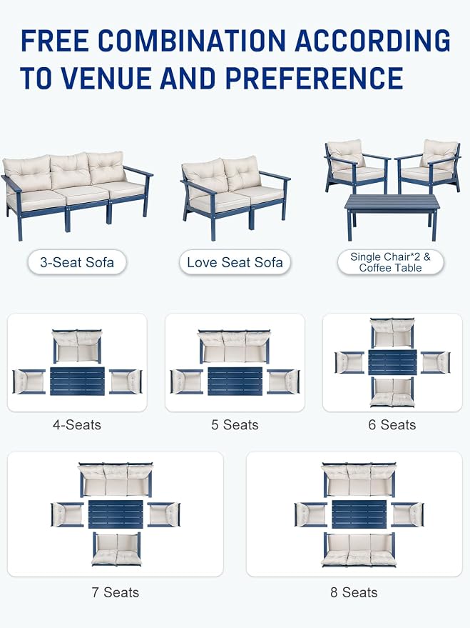 HDPE Patio Conversation Set 4 Seats, Outdoor Furniture Set, Patio Sofa Set | Water-Resistant Thick Cushion, HDPE All Weather, Wood-Grain, No Rot or Rust or Crack, UV Fade Shield, Easy-Clean for Outside