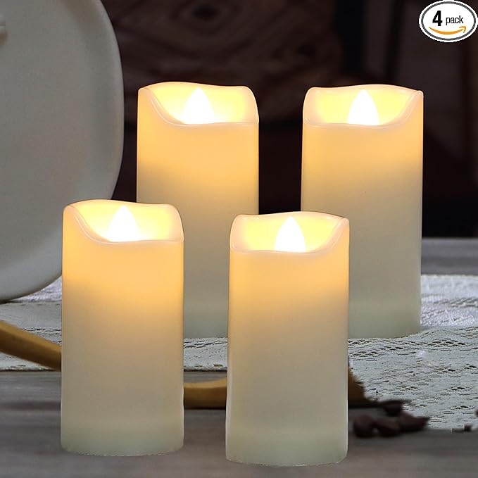 QIDEA 2”X4” Outdoor Waterproof Flameless Candles With Timer, Battery Operated Flickering Led Pillar Candles, Electric Plastic Fake Candles For Home Garden Wedding Halloween Xmas Decorations 4 Pack