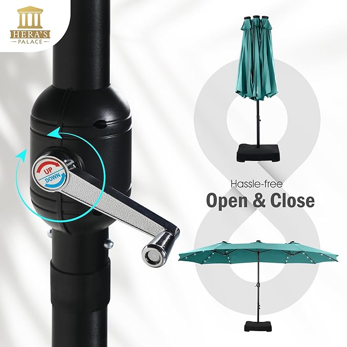 HERA'S PALACE 15ft Patio Umbrella with Base Included Double Sided Outdoor Umbrella for Patio Table Umbrella Outdoor 36 LED Solar Lights for Garden