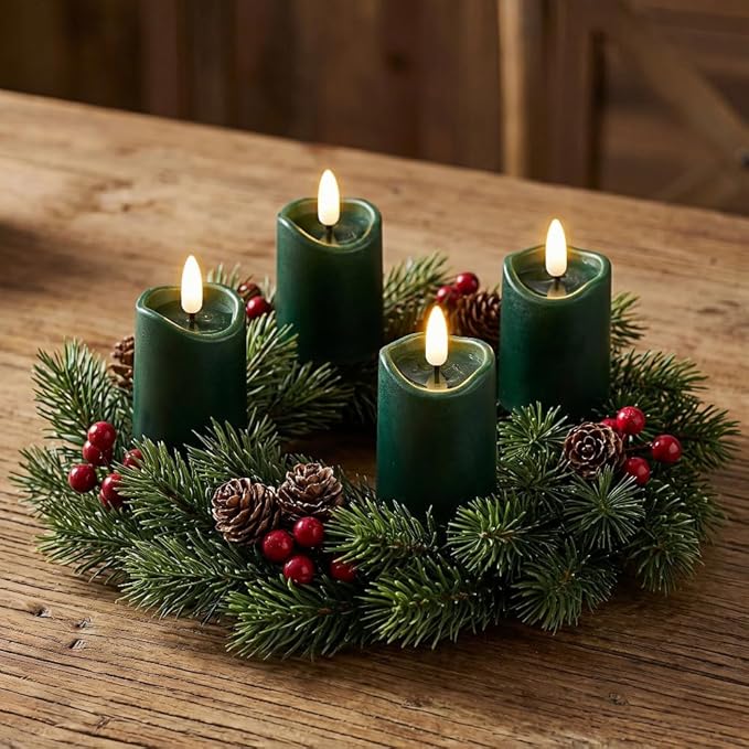 Simplelight Green Flameless Votive Candles with Timer, Realistic Black Wick Advent Wreath Candles Battery Operated, Battery Included, D 1.8” X H 3.1”, Set of 6 for Christmas Decoration(Green)
