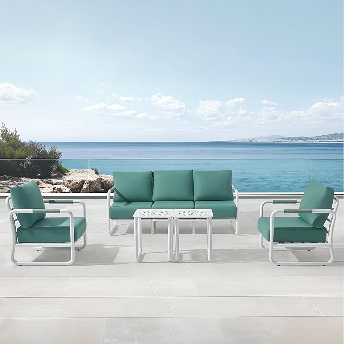 MBY Outdoor Aluminum Patio Furniture Set, 5-Seats Patio Conversation Sofa Set with 2 Coffee Tables and 6.7" Thickened Cushions, All Weather for Pool, Balcony, Garden-White