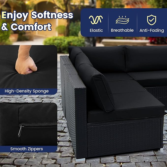 Tangkula 10 Piece Patio Sofa Set, Patiojoy Outdoor Wicker Conversation Set with Seat & Back Cushions, Tempered Glass Tabletop, Sofa Fastener Clips Included, Rattan Furniture Set for Backyard, Poolside