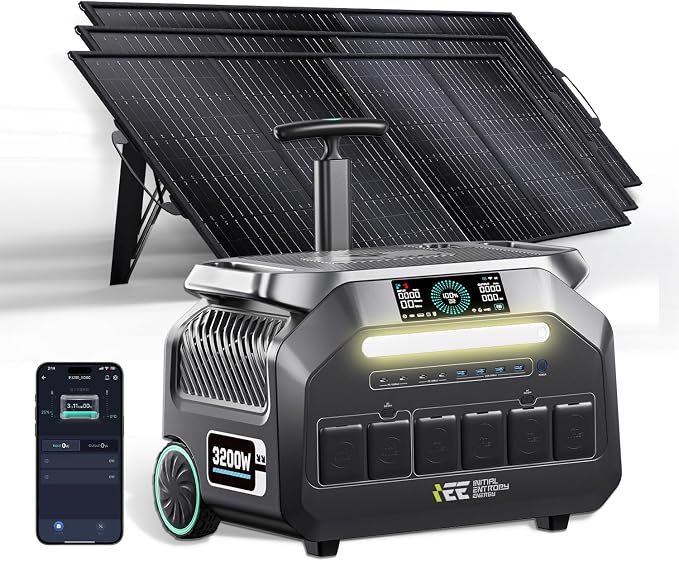 IEE 3200W Portable Power Station P3200 with 3x200W Solar Panels, 2048Wh LiFePO4 Solar Generator, 1800W AC & 1000W Solar Charging, 14 Output Ports(6400W Peak), EPS, for Home Backup, Camping, Emergency