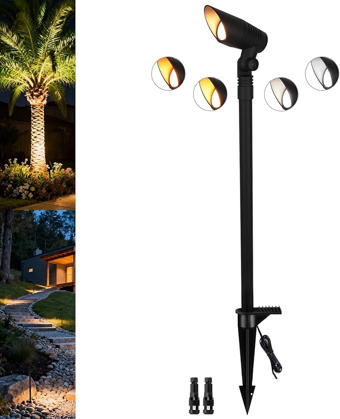 Mini Landscape Spotlights Low Voltage, 16'' Tall Pole, 5CCT 5W 12V LED Landscape Spot Lights Wired for Outdoor House Yard Palm Tree Flag Pathway Path Sidewalk, 60° Beam Angle, Black, 1PK