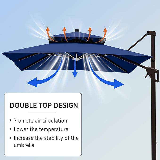 9' X 12' Cantilever Patio Umbrella with Base Included and Led Lights Double Top Rectangular Outdoor Large Offset Umbrellas with 7 Tilts Adjustable 360°Rotation for Deck Pool Garden Backyard, Navy