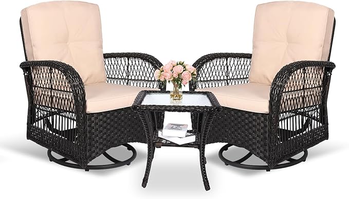 MEETWARM 3 Pieces Outdoor Wicker Swivel Rocker Patio Set, Rocking Chairs Rattan Patio Furniture Sets with Thickened Cushion and Glass-Top Coffee Table, Conversation Bistro Set for Porch (Dark Brown)