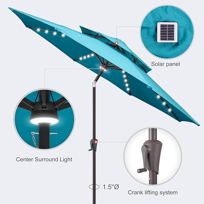 Jarka&Co 9ft Solar Patio Umbrella - 2 Tiers Solar Outdoor Umbrella with 40 LED Lights Waterprool UV Protection, Market Table Umbrella with Tilt for Backyard, Garden, Pool, Porch (Aqua Blue)