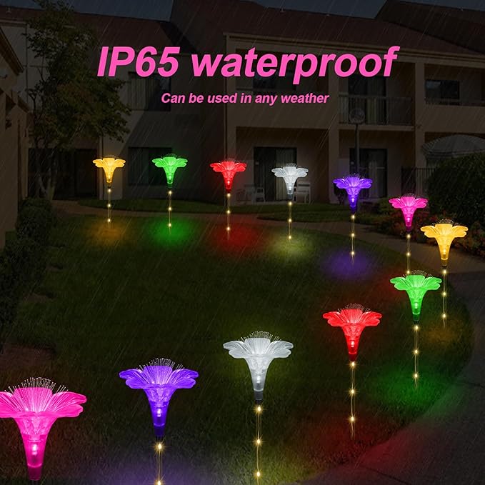 BeHiller Upgraded Solar Garden Light Outside Decorations,Set of 6PCS Multicolor Optical Fiber Bigger Lily Flowers Light Outdoor Waterproof Solar Flowers Lights for Xmas Housewarming Gifts Decor