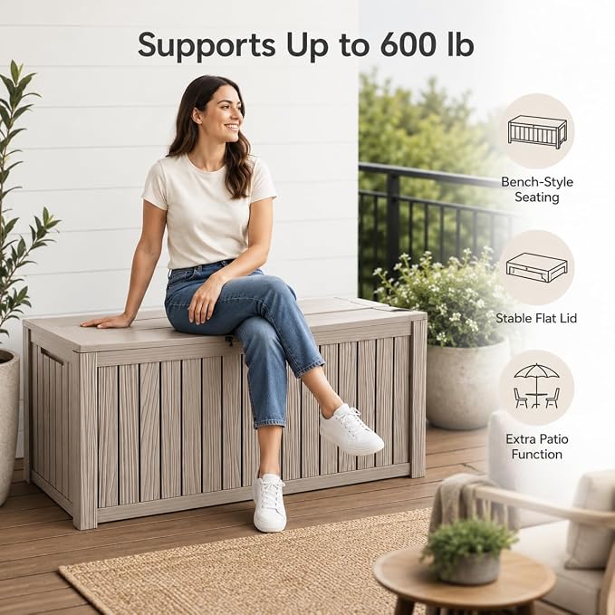 Outdoor Deck Patio Storage Box - 200 Gallon Large Outdoor Deck Box, Plastic Storage Bin with Lid, Outside Toy Box & Pool Storage Container for Cushions, Garden Tools, Towel, Brown