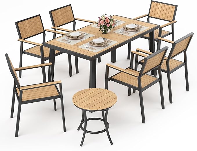 Pamapic 8-Piece Patio Dining Set，Outdoor Aluminum Furniture Set with Plastic-Wood Table Top,Outdoor Furniture Set with 6 Outdoor Stackable Chairs for Patio Garden Poolside (Teak)