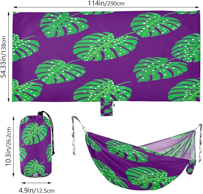 Hammocks for Outside Green Monstera Leaves Camping Hammock Portable Hammocks with Tree Straps and Carry Bag Camping Accessories for Hiking Beach Outdoor