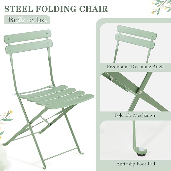 MELLCOM 5-Piece Foldable Patio Dining Set with Rectangular Table and Chairs, Weather-Resistant Iron Outdoor Dining Set for 4 People, Outdoor Table and Chairs for Patio, Yard, Indoor, Green