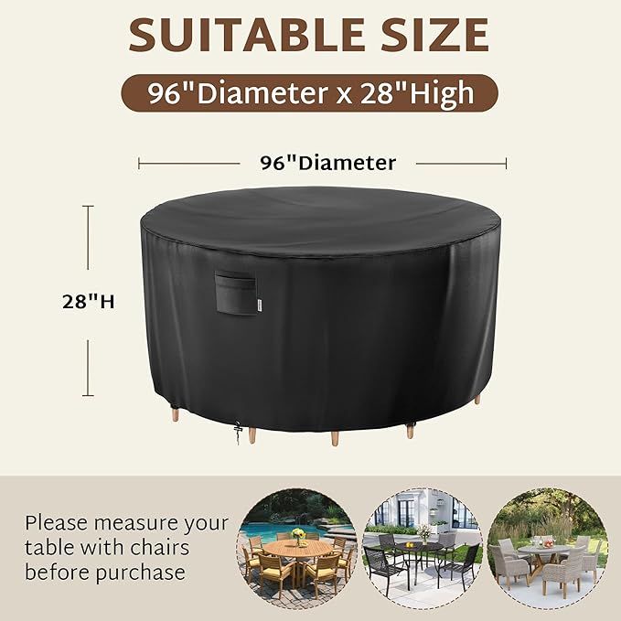 iBirdie Round Patio Furniture Cover 96 x 28 inch, 8 ft, Outdoor Waterproof and Weatherproof for Garden Table and Chairs, Heavy Duty 600D, fit 96, 95, 94, 93 Diameter