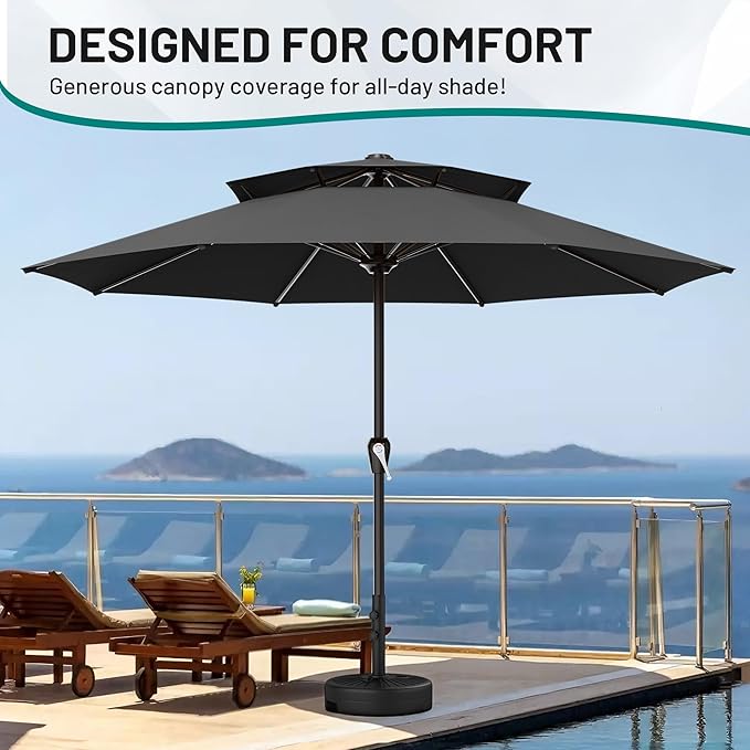 AreShark 12ft 2 Tiers Patio Umbrella - Outdoor Umbrella Waterproof UV Protection, Market Table Umbrella w/ 8 Sturdy Ribs&Crank for Pool, Porch, Garden(Black)