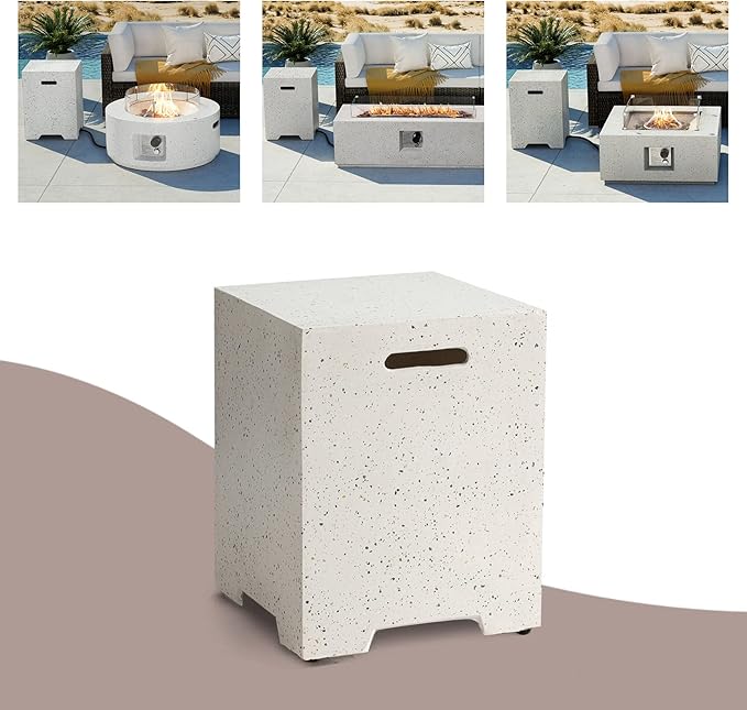 COSIEST Outdoor Hideaway Tank Table for Gas Fire Pits, Hides Standard 20lb 16-inch Propane Tank Cover w Side Handles (Terrazzo)
