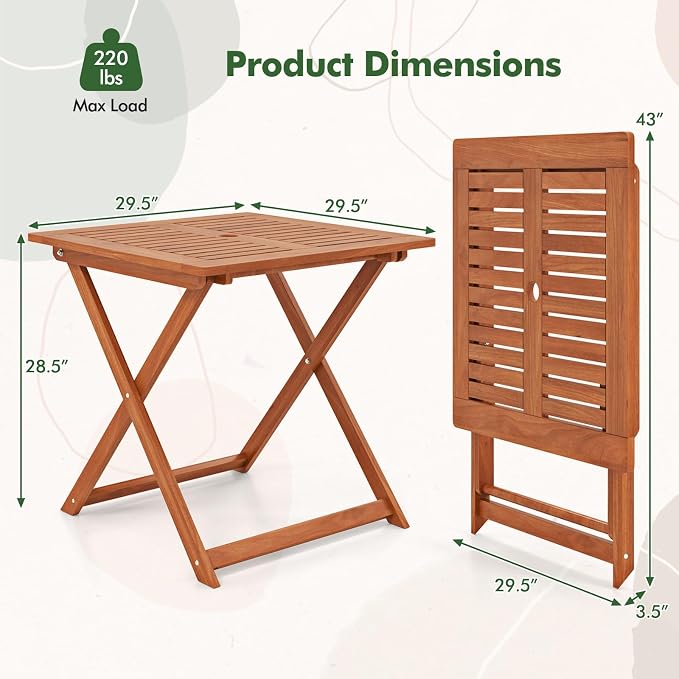 Folding Outdoor Dining Table, Solid Wood Bistro Tables with 2" Umbrella Hole, Square Foldable Patio Table for Porch Balcony Deck Garden Yard, Teak Oil Finish