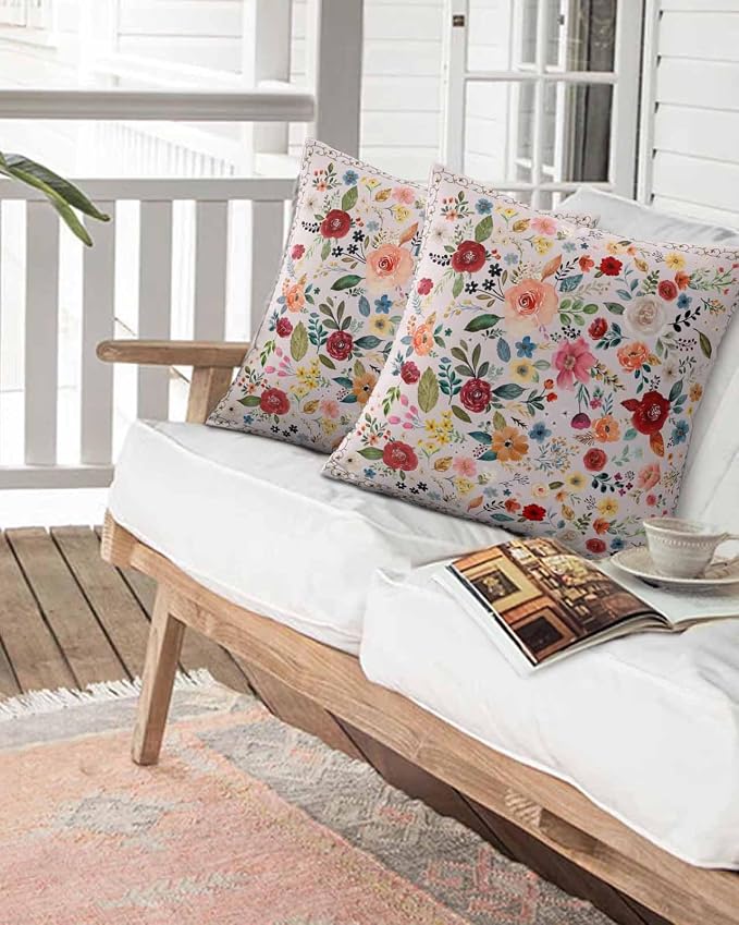 Outdoor Waterproof Throw Pillows Watercolor Leaf Colorful Bloom Floral Patio Pillows Pack of 2,Decorative Pillow Covers with Insert,Pillow Cushion Case for Garden Couch Sofa Vintage Country on Pink