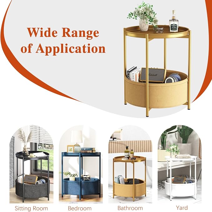 Garden 4 you Side Table with Fabric Storage Basket, Round Metal End Table, Small Bedside Table Nightstand with Removable Tray, for Nursery, Living Room, Bedroom, Bathroom, Gold