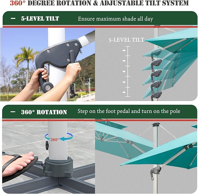 Cantilever Patio Umbrella with Cross Base and Cover Included - 360° Rotation Large Heavy Duty Offset Outdoor Umbrella with Easy Tilt for Pool Backyard Deck Garden (11x11 FT Turquoise Blue)