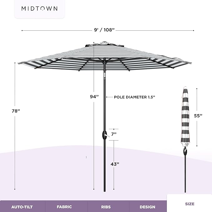 MIDTOWN UMBRELLAS The Lean 9 Feet Outdoor Umbrella With Terylast Matter Stripes (Grey/White Stripes) Polyester Fabric - Auto-Tilt Aluminum Frame Patio Umbrella For Deck, Garden, Pool - Black Pole