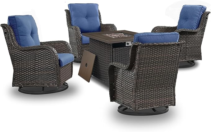 Wicker Patio Furniture Set- 4 Pieces Outdoor Swivel Rocker Chairs with 50,000 BTU Fire Pit Table,PE Rattan Outdoor Conversation Set for Garden Porch Deck