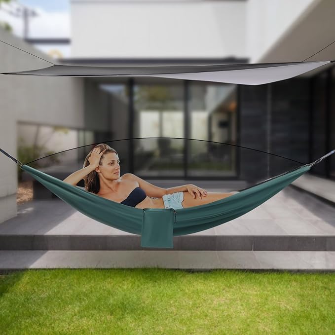 9.5x4.5ft Camping Hammock, Portable Outdoor Hammock Tent with Mosquito Net and Rain Fly Tarp, Backpacking Hammock for Hiking, Outside, Patio, Travel (Black and Blackish Green)