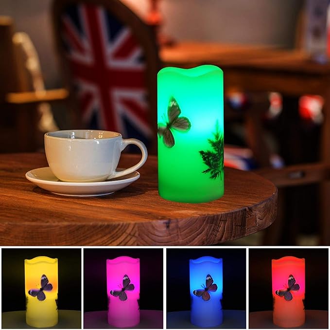 LED Candles Flameless Battery Operated with Remote Timer 6'' Tealight Butterfly & Plants Decor Real Wax Electric Candle Lights 12 Color Changing for Home&Kitchen Indoor/Outdoor Party