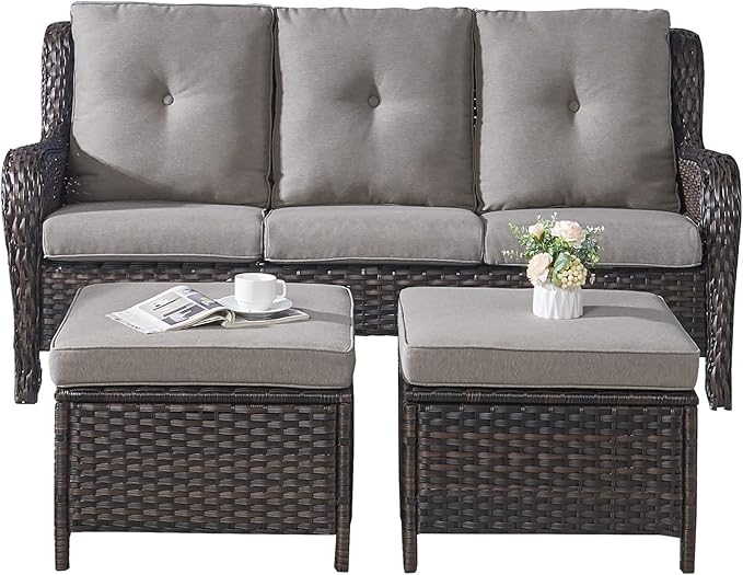Rilyson 3 Piece Wicker Patio Furniture Set - Outdoor Rattan Patio Comversation Set with 1 Sofa and 2 Ottomans for Outside Porch Deck Garden(Brown/Grey)