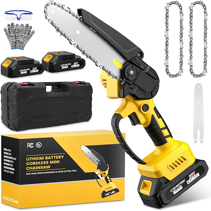 Mini Chainsaw Cordless,6-inch Electric Chain Saw with 2 Lithium Battery Powered,Hand Held Saw for Tree Trimming and Wood Cutting,Best Garden Tools,Unique Gift for boyfriend,father,Men,Yellow