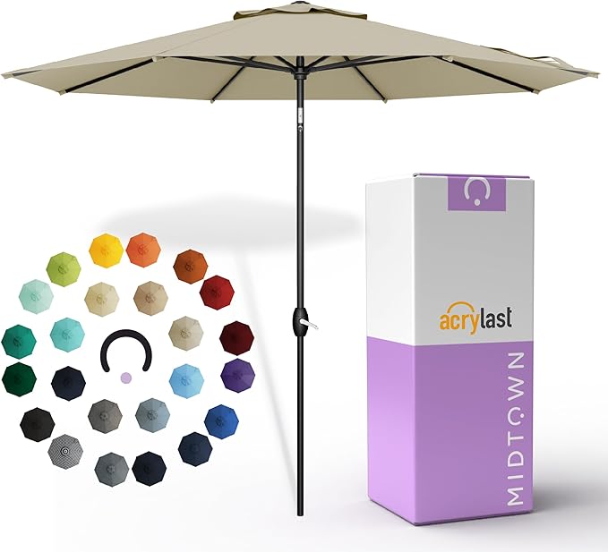 Midtown Umbrellas – The Lean 8 Ft Patio Umbrella with 10-Year-No-Fade Acrylast Acrylic Fabric, Auto-Tilt and 8 Reinforced Ribs for Deck, Pool, Garden, Hotel & Cafes – Sahara Canopy, Black Pole
