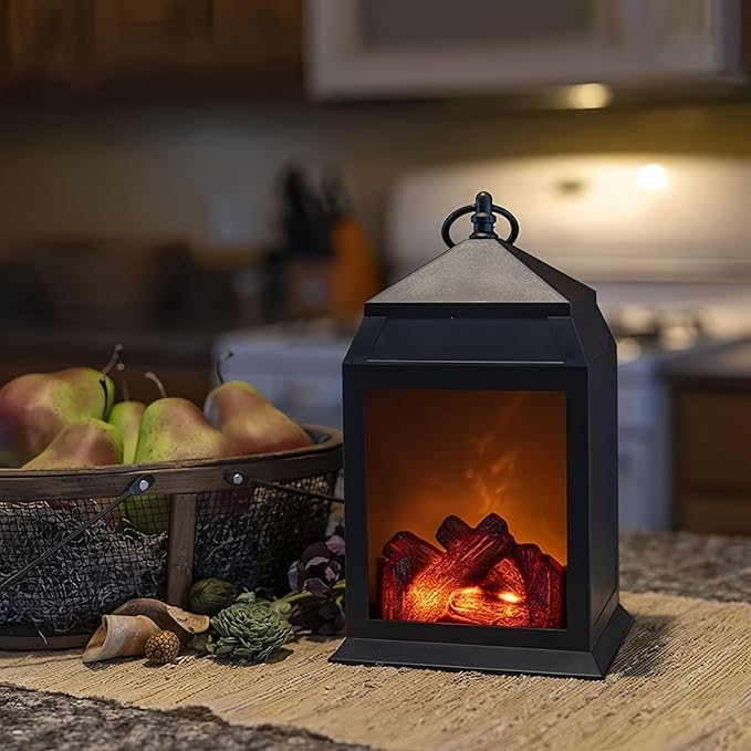 Simulated LED Fireplace Lantern USB & Battery Powered Flameless Light with Simulation Flame Table Decorative Lamp Mini Fireplace Ornament for Cozy Home Decor Free Standing Electric Log Burner
