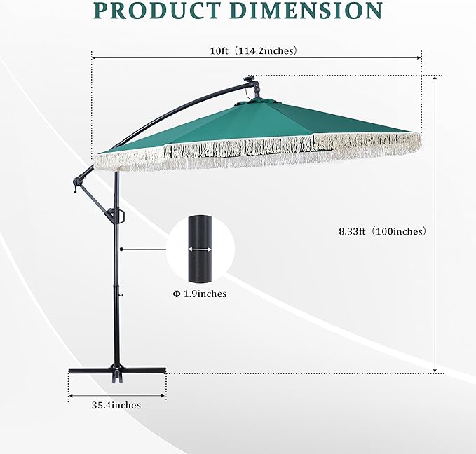 MONDAWE 10FT Cantilever Patio Umbrella with Tassels, 360° Rotation Offset Outdoor Umbrella, Heavy Duty Backyard Shade Umbrella with 180G Fabric for Patio Garden Deck
