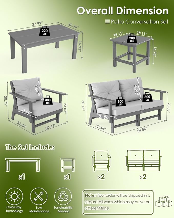 GREENVINES 8-Piece-Patio-Conversation-Set | HDPE Plastic | Outdoor Sectional Furniture Sets | Waterproof Sofa | Couch with Coffee Table & Side Table | Detachable Armrests | for Deck Lawn | Gray