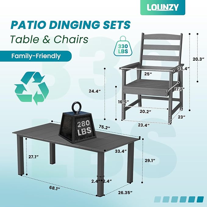 LOUNZY 5 Pieces Patio Dining Sets, Outdoor HDPE Furniture Set for 4 w/ 2" Hole Cut-Out Dining Table with 4 Patio Chairs for Pool, Lawn and Garden,Gray
