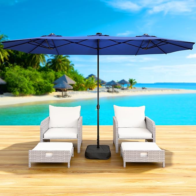 LEVELEVE 15FT Double-Sided Patio Umbrella with Base Included, Large Outdoor Rectangular Market Umbrella for Backyard, Poolside, Lawn & Garden,Blue