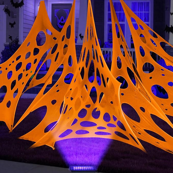 Glow in the dark Purple 1000 Sqft Uncut Giant Spider Web Halloween Decorations Outdoor with 1 Black Light &10 Ground Nails Stretchy Beef Cloth Netting DIY Flexible Elastic for Yard Party Decor
