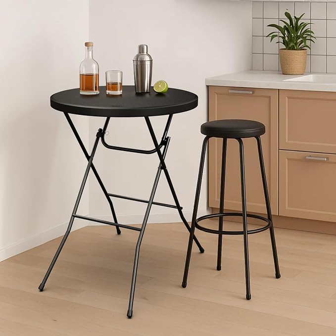 Bonnlo 32" Cocktail Table High Top Table, Folding Round Table Bar Height, HDPE Matrial with Gray Metal Finish for Outdoor Party, Backyard, Dining Room, Wedding Event,Black- 8PCS
