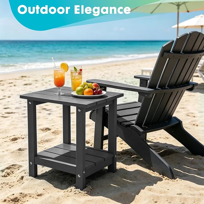Outdoor 2-Tier Square Side Table, Adirondack Weather Resistant Patio End Table, Low Maintenance HDPE Accent Table for Backyard, Pool, Porch, Deck, Gray