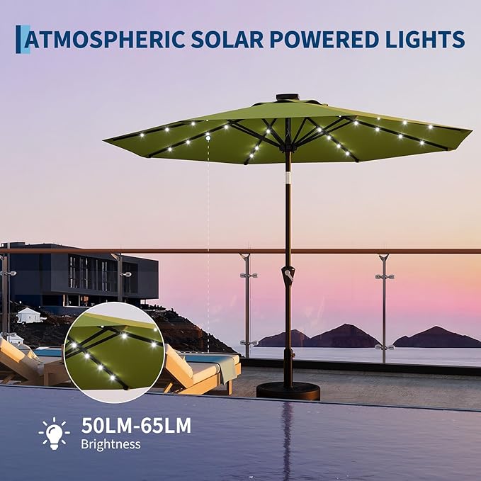 Garvee 10FT Solar Patio Umbrella with 32 LED Lights - Outdoor Table Umbrella with Crank Lift, Push Button Tilt and 8 Sturdy Ribs - Market Umbrella UV Protection for Pool, Deck, Yard, Garden