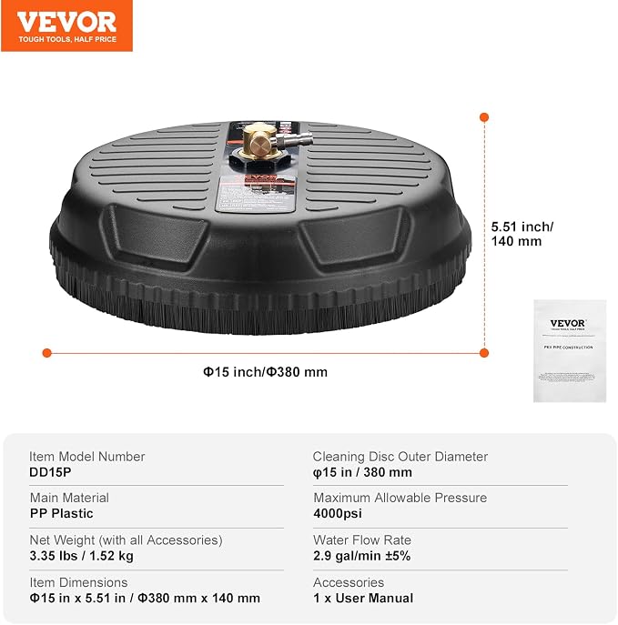 VEVOR 15 Inch Pressure Washer Surface Cleaner, 4000 PSI Universal Power Washer Accessory with 1/4 Inch Quick Connect, Heavy Duty Concrete Cleaner for Driveway, Patio, Floor and Sidewalk
