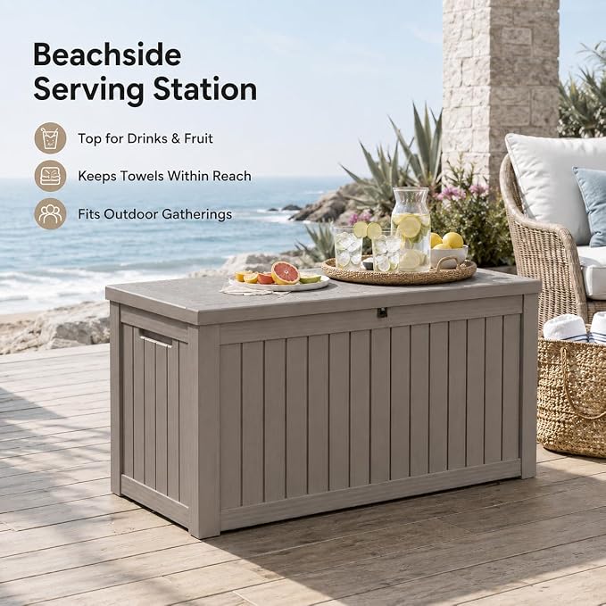 155 Gallon Outdoor Deck Storage Box, Large Waterproof Resin Patio Storage Box, Lockable Bench Seat Holds 2 Adults, for Garden Tools, Cushions & Pool Floats, UV & Rust Resistant, Gray Brown