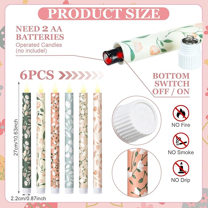 Honoson 6 Pcs Mother's Day Flameless Taper Candles 10.6 Inch Pastel Spring Flower Candles Battery Operated LED Candlesticks for Mother's Day Dinner Table Home Party Decor