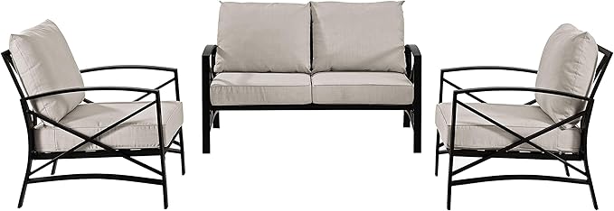 Crosley Furniture Kaplan 3-Piece Outdoor Loveseat Patio Furniture Set, Conversation Sets for Porch, Deck, Oiled Bronze with Oatmeal Cushions