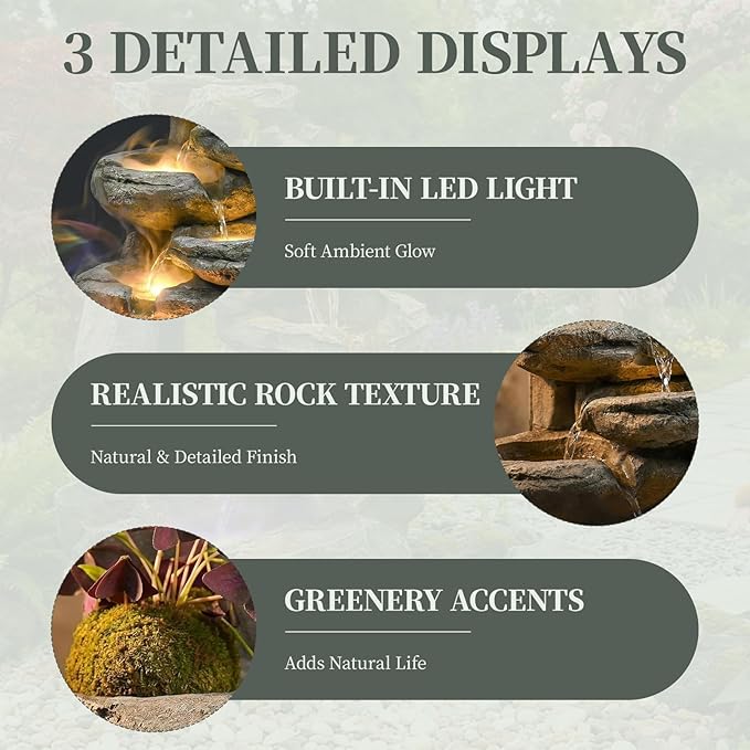 Water Fountain Outdoor,Corded Electric 6-Tier Cascading Rock Waterfall with LED Lights,Garden Fountain with Built-in Pump & Water Circulation,Weather-Resistant Resin for Patio (26.5)