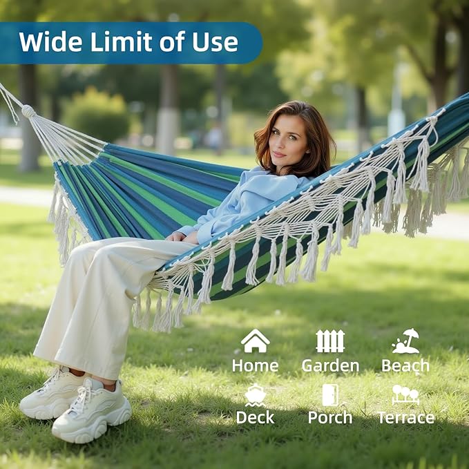 Posprica Brazilian Style Double Hammock with Fringe, 2 Person Patio Hammock for Backyard & Indoor Relaxation, Soft Breathable Fabric, Easy Setup with Straps & Carry Bag, 360 lbs Capacity